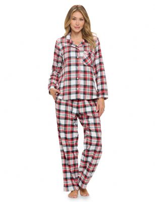 Ashford & Brooks Women's Flannel Plaid Pajamas Long Pj Set - White Stewart Plaid - This Ashford & Brooks Women's Luxurious Cozy Long Sleeve Classic Pajama Gift Set is made from durable ultra-soft 64% Cotton /36% Polyester fabric. Designed with a roomy relaxed fit. The Fabric blend is designed to give you that soft and warm touch, at the same time prevent excessive shrinkage unlike the 100% Cotton Flannel fabric. It'll keep you warm and comfortable during the cold winter days yet stylish at the same time. The Womens Pj's 2pc set features; Long Sleeve Notch Collar Sleep Shirt with full button-down closure, 1 chest slip pocket, Plaid patterns with piping. Pajama pants features; Elasticized waist and drawstring bow tie closure for easy pull on and added comfort, Flat front, side seam pockets, approx. 32 inseam. This Two-piece comfort sleepwear PJ set is perfect for sleeping or lounging around the House. Soft to touch feels great against skin, you will not want to get them off! Comes in Beautifully Gift-Wrapped packaging. 