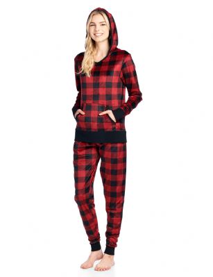 Ashford & Brooks Women's Mink Fleece Hoodie Pajama Set - Red Buffalo Check - This Ashford & Brooks Women's Luxurious Long Sleeve Pajama Set is made out of durable ultra-soft 100% Polyester mink fleece fabric. It'll keep you cozy, warm, and comfortable during the cold winter days yet stylish at the same time. Pj's features; hooded night top, pull over closure, long sleeves, front kangaroo pocket, fun flirty printed patterns with contrast color knitted trim. Pajama pants with elasticized spandex waist for easy pull on and added comfort, side seam pockets, approx. 30" inseam 11" rise, contrast color trim and drawstring bow tie closure. This Two piece comfort sleepwear PJ set offers a roomy relaxed fit perfect for sleeping or lounging around. Soft to touch feels great against skin, you will not want to get them off! Comes in Beautifully Gift Wrapped packaging. Get if on birthday, Christmas holiday for a friend, daughter, girlfriend, wife or someone you love.