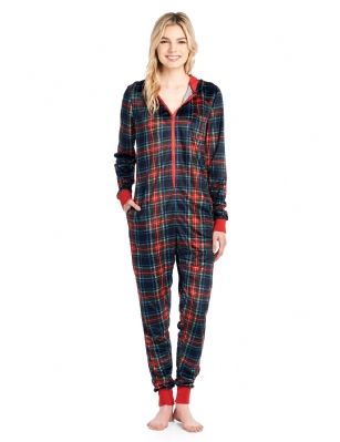 Ashford & Brooks Women's Fleece Hooded One Piece Pajama Jumpsuit - Black Stewart Plaid - This Ashford & Brooks Women's Luxurious Long Sleeve Union one Piece Pajama Jumpsuit is made of durable ultra-soft 100% Polyester Micro Mink Fleece fabric. It'll keep you cozy, warm, and comfortable during the cold winter days, yet stylish at the same time. This One-piece Pj's features; Easy front zipper closure, long sleeves, attached hood, chest slip pocket, side seam pockets. Printed fun holiday, plaids, dog, buffalo check, patterns with contrast colored trim, zip, cuffs and inner lined hood. Approx. 61" inch length Shoulder to Bottom. This beautiful Zip Up Pajama Body Suit offers a relaxed fit perfect for sleeping or lounging around. Its soft to the touch and feels great against skin, you will not want to get them off! A great holiday Gift for her or any other occasion Comes in Beautifully Gift-Wrapped ready packaging. 