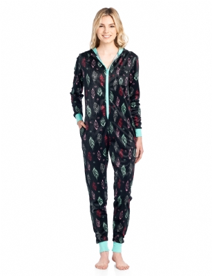 Ashford & Brooks Women's Fleece Hooded One Piece Pajama Jumpsuit - Black Turquoise Feather - This Ashford & Brooks Women's Luxurious Long Sleeve Union one Piece Pajama Jumpsuit is made of durable ultra-soft 100% Polyester Micro Mink Fleece fabric. It'll keep you cozy, warm, and comfortable during the cold winter days, yet stylish at the same time. This One-piece Pj's features; Easy front zipper closure, long sleeves, attached hood, chest slip pocket, side seam pockets. Printed fun holiday, plaids, dog, buffalo check, patterns with contrast colored trim, zip, cuffs and inner lined hood. Approx. 61" inch length Shoulder to Bottom. This beautiful Zip Up Pajama Body Suit offers a relaxed fit perfect for sleeping or lounging around. Its soft to the touch and feels great against skin, you will not want to get them off! A great holiday Gift for her or any other occasion Comes in Beautifully Gift-Wrapped ready packaging. 