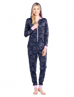 Ashford & Brooks Women's Fleece Hooded One Piece Pajama Jumpsuit - Pink Navy Paisley - This Ashford & Brooks Women's Luxurious Long Sleeve Union one Piece Pajama Jumpsuit is made of durable ultra-soft 100% Polyester Micro Mink Fleece fabric. It'll keep you cozy, warm, and comfortable during the cold winter days, yet stylish at the same time. This One-piece Pj's features; Easy front zipper closure, long sleeves, attached hood, chest slip pocket, side seam pockets. Printed fun holiday, plaids, dog, buffalo check, patterns with contrast colored trim, zip, cuffs and inner lined hood. Approx. 61" inch length Shoulder to Bottom. This beautiful Zip Up Pajama Body Suit offers a relaxed fit perfect for sleeping or lounging around. Its soft to the touch and feels great against skin, you will not want to get them off! A great holiday Gift for her or any other occasion Comes in Beautifully Gift-Wrapped ready packaging. 