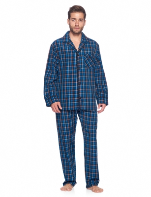 Ashford & Brooks Mens Woven Pajamas Long Pj Set  - Black/Blue/Plaid - Hey guys, are you looking for stylish, comfortable pair of pajamas that you can lounge around in and wear to bed? Have you purchased mens clothing online before but were disappointed in the quality or fit and found that the images did not accurately portray the style? These sleeping pants and matching button-down PJ top are ideal for men that want to lounge and sleep in total comfort and need an upgrade over their old, tacky sweatpants, gym shorts and sleepwear. This masculine sleepwear is an excellent gift idea for Christmas, Hanukkah, Birthdays, Anniversaries, Fathers Day, Valentines Day, and more! Product Features: Made from a luxurious, shrink-resistant 60% cotton/40% polyester blend Yard-dyed CVC fabric will hold its color and shape for years Soft, comfortable, moisture-wicking fabric suitable for all the seasons Perfect roomy fit - not too baggy or too tight, it fits just right V-neck notch collar with full button-down closure Buttons will stay buttoned and attached unlike cheaper brands Chest pocket and pants pockets to hold a cellphone and other essentials Always accurate sizing and unparalleled quality Matching Womens Collection so you can match with your significant other The fashionable cotton pajamas and shirt are the perfect fit, not too tight or baggy. Theyre available in a variety of sleek designs and sizes (ranging from Small to XX-Large). Theres sure to be one for every man. Getting to Know Ashford & Brooks Ashford & Brooks prides itself on creating fashionable, high-quality sleepwear and loungewear for women, men, and kids. Their dedicated in-house team of designers creates clothes and accessories that are trendy and ultra-comfy. Theyre breaking the mold when it comes to functional sleepwear and loungewear.