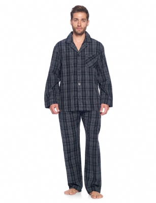 Ashford & Brooks Mens Woven Pajamas Long Pj Set  - Black/Grey/White - Hey guys, are you looking for stylish, comfortable pair of pajamas that you can lounge around in and wear to bed? Have you purchased mens clothing online before but were disappointed in the quality or fit and found that the images did not accurately portray the style? These sleeping pants and matching button-down PJ top are ideal for men that want to lounge and sleep in total comfort and need an upgrade over their old, tacky sweatpants, gym shorts and sleepwear. This masculine sleepwear is an excellent gift idea for Christmas, Hanukkah, Birthdays, Anniversaries, Fathers Day, Valentines Day, and more! Product Features: Made from a luxurious, shrink-resistant 60% cotton/40% polyester blend Yard-dyed CVC fabric will hold its color and shape for years Soft, comfortable, moisture-wicking fabric suitable for all the seasons Perfect roomy fit - not too baggy or too tight, it fits just right V-neck notch collar with full button-down closure Buttons will stay buttoned and attached unlike cheaper brands Chest pocket and pants pockets to hold a cellphone and other essentials Always accurate sizing and unparalleled quality Matching Womens Collection so you can match with your significant other The fashionable cotton pajamas and shirt are the perfect fit, not too tight or baggy. Theyre available in a variety of sleek designs and sizes (ranging from Small to XX-Large). Theres sure to be one for every man. Getting to Know Ashford & Brooks Ashford & Brooks prides itself on creating fashionable, high-quality sleepwear and loungewear for women, men, and kids. Their dedicated in-house team of designers creates clothes and accessories that are trendy and ultra-comfy. Theyre breaking the mold when it comes to functional sleepwear and loungewear.