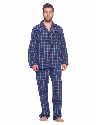 Ashford & Brooks Mens Woven Pajamas Long Pj Set  - Blue/Burgundy - Hey guys, are you looking for stylish, comfortable pair of pajamas that you can lounge around in and wear to bed? Have you purchased mens clothing online before but were disappointed in the quality or fit and found that the images did not accurately portray the style? These sleeping pants and matching button-down PJ top are ideal for men that want to lounge and sleep in total comfort and need an upgrade over their old, tacky sweatpants, gym shorts and sleepwear. This masculine sleepwear is an excellent gift idea for Christmas, Hanukkah, Birthdays, Anniversaries, Fathers Day, Valentines Day, and more! Product Features: Made from a luxurious, shrink-resistant 60% cotton/40% polyester blend Yard-dyed CVC fabric will hold its color and shape for years Soft, comfortable, moisture-wicking fabric suitable for all the seasons Perfect roomy fit - not too baggy or too tight, it fits just right V-neck notch collar with full button-down closure Buttons will stay buttoned and attached unlike cheaper brands Chest pocket and pants pockets to hold a cellphone and other essentials Always accurate sizing and unparalleled quality Matching Womens Collection so you can match with your significant other The fashionable cotton pajamas and shirt are the perfect fit, not too tight or baggy. Theyre available in a variety of sleek designs and sizes (ranging from Small to XX-Large). Theres sure to be one for every man. Getting to Know Ashford & Brooks Ashford & Brooks prides itself on creating fashionable, high-quality sleepwear and loungewear for women, men, and kids. Their dedicated in-house team of designers creates clothes and accessories that are trendy and ultra-comfy. Theyre breaking the mold when it comes to functional sleepwear and loungewear.