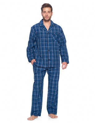 Ashford & Brooks Mens Woven Pajamas Long Pj Set  - Blue/Grey - Hey guys, are you looking for stylish, comfortable pair of pajamas that you can lounge around in and wear to bed? Have you purchased mens clothing online before but were disappointed in the quality or fit and found that the images did not accurately portray the style? These sleeping pants and matching button-down PJ top are ideal for men that want to lounge and sleep in total comfort and need an upgrade over their old, tacky sweatpants, gym shorts and sleepwear. This masculine sleepwear is an excellent gift idea for Christmas, Hanukkah, Birthdays, Anniversaries, Fathers Day, Valentines Day, and more! Product Features: Made from a luxurious, shrink-resistant 60% cotton/40% polyester blend Yard-dyed CVC fabric will hold its color and shape for years Soft, comfortable, moisture-wicking fabric suitable for all the seasons Perfect roomy fit - not too baggy or too tight, it fits just right V-neck notch collar with full button-down closure Buttons will stay buttoned and attached unlike cheaper brands Chest pocket and pants pockets to hold a cellphone and other essentials Always accurate sizing and unparalleled quality Matching Womens Collection so you can match with your significant other The fashionable cotton pajamas and shirt are the perfect fit, not too tight or baggy. Theyre available in a variety of sleek designs and sizes (ranging from Small to XX-Large). Theres sure to be one for every man. Getting to Know Ashford & Brooks Ashford & Brooks prides itself on creating fashionable, high-quality sleepwear and loungewear for women, men, and kids. Their dedicated in-house team of designers creates clothes and accessories that are trendy and ultra-comfy. Theyre breaking the mold when it comes to functional sleepwear and loungewear.