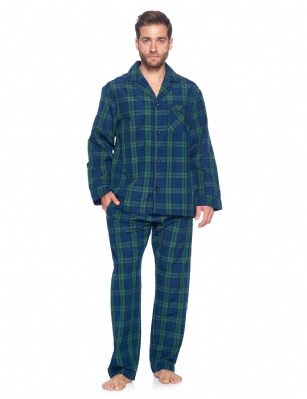 Ashford & Brooks Mens Woven Pajamas Long Pj Set  - Green Blackwatch - Hey guys, are you looking for stylish, comfortable pair of pajamas that you can lounge around in and wear to bed? Have you purchased mens clothing online before but were disappointed in the quality or fit and found that the images did not accurately portray the style? These sleeping pants and matching button-down PJ top are ideal for men that want to lounge and sleep in total comfort and need an upgrade over their old, tacky sweatpants, gym shorts and sleepwear. This masculine sleepwear is an excellent gift idea for Christmas, Hanukkah, Birthdays, Anniversaries, Fathers Day, Valentines Day, and more! Product Features: Made from a luxurious, shrink-resistant 60% cotton/40% polyester blend Yard-dyed CVC fabric will hold its color and shape for years Soft, comfortable, moisture-wicking fabric suitable for all the seasons Perfect roomy fit - not too baggy or too tight, it fits just right V-neck notch collar with full button-down closure Buttons will stay buttoned and attached unlike cheaper brands Chest pocket and pants pockets to hold a cellphone and other essentials Always accurate sizing and unparalleled quality Matching Womens Collection so you can match with your significant other The fashionable cotton pajamas and shirt are the perfect fit, not too tight or baggy. Theyre available in a variety of sleek designs and sizes (ranging from Small to XX-Large). Theres sure to be one for every man. Getting to Know Ashford & Brooks Ashford & Brooks prides itself on creating fashionable, high-quality sleepwear and loungewear for women, men, and kids. Their dedicated in-house team of designers creates clothes and accessories that are trendy and ultra-comfy. Theyre breaking the mold when it comes to functional sleepwear and loungewear.