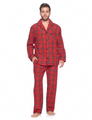 Ashford & Brooks Mens Woven Pajamas Long Pj Set  - Red/Black Stewart - Hey guys, are you looking for stylish, comfortable pair of pajamas that you can lounge around in and wear to bed? Have you purchased mens clothing online before but were disappointed in the quality or fit and found that the images did not accurately portray the style? These sleeping pants and matching button-down PJ top are ideal for men that want to lounge and sleep in total comfort and need an upgrade over their old, tacky sweatpants, gym shorts and sleepwear. This masculine sleepwear is an excellent gift idea for Christmas, Hanukkah, Birthdays, Anniversaries, Fathers Day, Valentines Day, and more! Product Features: Made from a luxurious, shrink-resistant 60% cotton/40% polyester blend Yard-dyed CVC fabric will hold its color and shape for years Soft, comfortable, moisture-wicking fabric suitable for all the seasons Perfect roomy fit - not too baggy or too tight, it fits just right V-neck notch collar with full button-down closure Buttons will stay buttoned and attached unlike cheaper brands Chest pocket and pants pockets to hold a cellphone and other essentials Always accurate sizing and unparalleled quality Matching Womens Collection so you can match with your significant other The fashionable cotton pajamas and shirt are the perfect fit, not too tight or baggy. Theyre available in a variety of sleek designs and sizes (ranging from Small to XX-Large). Theres sure to be one for every man. Getting to Know Ashford & Brooks Ashford & Brooks prides itself on creating fashionable, high-quality sleepwear and loungewear for women, men, and kids. Their dedicated in-house team of designers creates clothes and accessories that are trendy and ultra-comfy. Theyre breaking the mold when it comes to functional sleepwear and loungewear.