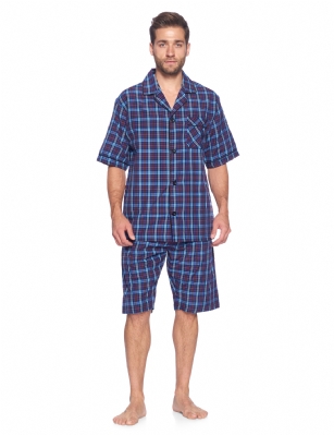 Ashford & Brooks Mens Woven Short Sleeve Pajama Shorts Set  - Blue/Burgundy - Hey guys, are you looking for stylish, comfortable pair of pajamas that you can lounge around in and wear to bed? Have you purchased mens clothing online before but were disappointed in the quality or fit and found that the images did not accurately portray the style? These sleeping pants and matching button-down PJ top are ideal for men that want to lounge and sleep in total comfort and need an upgrade over their old, tacky sweatpants, gym shorts and sleepwear. This masculine sleepwear is an excellent gift idea for Christmas, Hanukkah, Birthdays, Anniversaries, Fathers Day, Valentines Day, and more! Product Features: Made from a luxurious, shrink-resistant 60% cotton/40% polyester blend Yard-dyed CVC fabric will hold its color and shape for years Soft, comfortable, moisture-wicking fabric suitable for all the seasons Perfect roomy fit - not too baggy or too tight, it fits just right V-neck notch collar with full button-down closure Buttons will stay buttoned and attached unlike cheaper brands Chest pocket and shorts pockets to hold a cellphone and other essentials Always accurate sizing and unparalleled quality Matching Womens Collection so you can match with your significant other The fashionable cotton pajamas and shirt are the perfect fit, not too tight or baggy. Theyre available in a variety of sleek designs and sizes (ranging from Small to XX-Large). Theres sure to be one for every man. Getting to Know Ashford & Brooks! Ashford & Brooks prides itself on creating fashionable, high-quality sleepwear and loungewear for women, men, and kids. Their dedicated in-house team of designers creates clothes and accessories that are trendy and ultra-comfy. Theyre breaking the mold when it comes to functional sleepwear and loungewear.