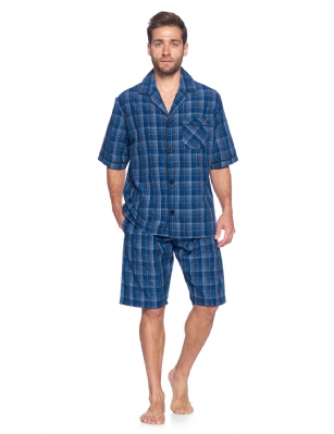 Ashford & Brooks Mens Woven Short Sleeve Pajama Shorts Set  - Blue/Grey - Hey guys, are you looking for stylish, comfortable pair of pajamas that you can lounge around in and wear to bed? Have you purchased mens clothing online before but were disappointed in the quality or fit and found that the images did not accurately portray the style? These sleeping pants and matching button-down PJ top are ideal for men that want to lounge and sleep in total comfort and need an upgrade over their old, tacky sweatpants, gym shorts and sleepwear. This masculine sleepwear is an excellent gift idea for Christmas, Hanukkah, Birthdays, Anniversaries, Fathers Day, Valentines Day, and more! Product Features: Made from a luxurious, shrink-resistant 60% cotton/40% polyester blend Yard-dyed CVC fabric will hold its color and shape for years Soft, comfortable, moisture-wicking fabric suitable for all the seasons Perfect roomy fit - not too baggy or too tight, it fits just right V-neck notch collar with full button-down closure Buttons will stay buttoned and attached unlike cheaper brands Chest pocket and shorts pockets to hold a cellphone and other essentials Always accurate sizing and unparalleled quality Matching Womens Collection so you can match with your significant other The fashionable cotton pajamas and shirt are the perfect fit, not too tight or baggy. Theyre available in a variety of sleek designs and sizes (ranging from Small to XX-Large). Theres sure to be one for every man. Getting to Know Ashford & Brooks! Ashford & Brooks prides itself on creating fashionable, high-quality sleepwear and loungewear for women, men, and kids. Their dedicated in-house team of designers creates clothes and accessories that are trendy and ultra-comfy. Theyre breaking the mold when it comes to functional sleepwear and loungewear.