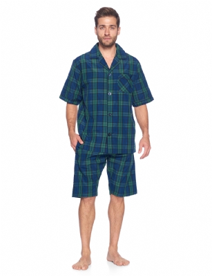 Ashford & Brooks Mens Woven Short Sleeve Pajama Shorts Set  - Green Blackwatch - Hey guys, are you looking for stylish, comfortable pair of pajamas that you can lounge around in and wear to bed? Have you purchased mens clothing online before but were disappointed in the quality or fit and found that the images did not accurately portray the style? These sleeping pants and matching button-down PJ top are ideal for men that want to lounge and sleep in total comfort and need an upgrade over their old, tacky sweatpants, gym shorts and sleepwear. This masculine sleepwear is an excellent gift idea for Christmas, Hanukkah, Birthdays, Anniversaries, Fathers Day, Valentines Day, and more! Product Features: Made from a luxurious, shrink-resistant 60% cotton/40% polyester blend Yard-dyed CVC fabric will hold its color and shape for years Soft, comfortable, moisture-wicking fabric suitable for all the seasons Perfect roomy fit - not too baggy or too tight, it fits just right V-neck notch collar with full button-down closure Buttons will stay buttoned and attached unlike cheaper brands Chest pocket and shorts pockets to hold a cellphone and other essentials Always accurate sizing and unparalleled quality Matching Womens Collection so you can match with your significant other The fashionable cotton pajamas and shirt are the perfect fit, not too tight or baggy. Theyre available in a variety of sleek designs and sizes (ranging from Small to XX-Large). Theres sure to be one for every man. Getting to Know Ashford & Brooks! Ashford & Brooks prides itself on creating fashionable, high-quality sleepwear and loungewear for women, men, and kids. Their dedicated in-house team of designers creates clothes and accessories that are trendy and ultra-comfy. Theyre breaking the mold when it comes to functional sleepwear and loungewear.