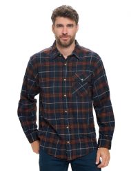 Ashford & Brooks Mens Flannel Button Down Plaid Long Sleeve Casual Shirt - 	Navy Tan Ivory Plaid