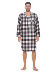 Ashford & Brooks Mens Flannel Plaid Long Sleep Shirt Henley Nightshirt - Grey Stone Burgundy Plaid