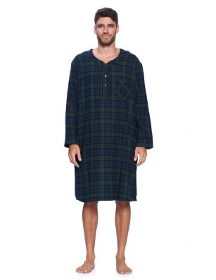 Ashford & Brooks Mens Flannel Plaid Long Sleep Shirt Henley Nightshirt - Blackwatch Plaid - This Ashford & Brooks Luxurious Cozy Long Sleeve Classic Flannel Long nightgown sleepshirt for men is made from durable ultra-soft 55% Cotton /45% Polyester fabric. The Fabric blend is designed to give you that soft and warm touch that feels great against skin, at the same time prevent excessive shrinkage unlike the 100% Cotton Flannel fabric. It'll keep you warm and comfortable during the cold winter days yet stylish at the same time. Designed with a roomy relaxed fit making it very easy to put on and take off. This mens flannel kaftan Gown features; Long Sleeve V Neck Collar Sleep Shirt with 3 button-down closure, 1 chest slip pocket, Plaid patterns with piping. approx. 46" Shoulder to hem. This mens comfort sleepwear Gown is perfect for sleeping and lounging around the House, or as a hospital gown and for surgery recovery. Makes a great gift present for dad, husband, brother for Holiday, Christmas, Birthday or for any occasion. 