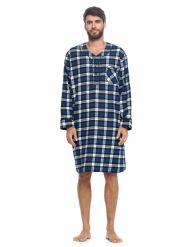 Ashford & Brooks Mens Flannel Plaid Long Sleep Shirt Henley Nightshirt - Black Navy Plaid