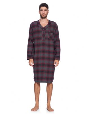 Ashford & Brooks Mens Flannel Plaid Long Sleep Shirt Henley Nightshirt - Grey Burgundy Plaid - This Ashford & Brooks Luxurious Cozy Long Sleeve Classic Flannel Long nightgown sleepshirt for men is made from durable ultra-soft 55% Cotton /45% Polyester fabric. The Fabric blend is designed to give you that soft and warm touch that feels great against skin, at the same time prevent excessive shrinkage unlike the 100% Cotton Flannel fabric. It'll keep you warm and comfortable during the cold winter days yet stylish at the same time. Designed with a roomy relaxed fit making it very easy to put on and take off. This mens flannel kaftan Gown features; Long Sleeve V Neck Collar Sleep Shirt with 3 button-down closure, 1 chest slip pocket, Plaid patterns with piping. approx. 46" Shoulder to hem. This mens comfort sleepwear Gown is perfect for sleeping and lounging around the House, or as a hospital gown and for surgery recovery. Makes a great gift present for dad, husband, brother for Holiday, Christmas, Birthday or for any occasion. 