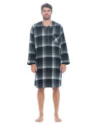 Ashford & Brooks Mens Flannel Plaid Long Sleep Shirt Henley Nightshirt - Grey Plaid