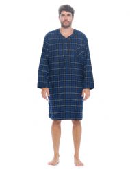 Ashford & Brooks Mens Flannel Plaid Long Sleep Shirt Henley Nightshirt - Navy Black White