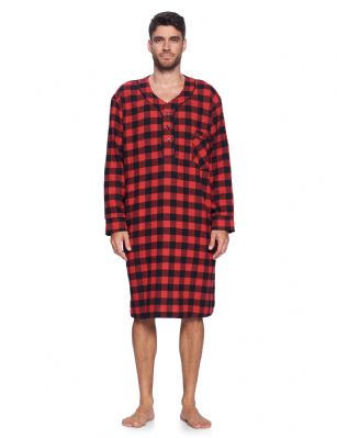 Ashford & Brooks Mens Flannel Plaid Long Sleep Shirt Henley Nightshirt - Red Check - This Ashford & Brooks Luxurious Cozy Long Sleeve Classic Flannel Long nightgown sleepshirt for men is made from durable ultra-soft 55% Cotton /45% Polyester fabric. The Fabric blend is designed to give you that soft and warm touch that feels great against skin, at the same time prevent excessive shrinkage unlike the 100% Cotton Flannel fabric. It'll keep you warm and comfortable during the cold winter days yet stylish at the same time. Designed with a roomy relaxed fit making it very easy to put on and take off. This mens flannel kaftan Gown features; Long Sleeve V Neck Collar Sleep Shirt with 3 button-down closure, 1 chest slip pocket, Plaid patterns with piping. approx. 46" Shoulder to hem. This mens comfort sleepwear Gown is perfect for sleeping and lounging around the House, or as a hospital gown and for surgery recovery. Makes a great gift present for dad, husband, brother for Holiday, Christmas, Birthday or for any occasion. 