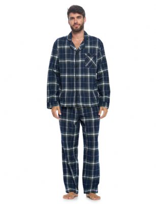 Ashford & Brooks Mens Flannel Plaid Pajamas Long Pj Set - Navy White Green Plaid - This Ashford & Brooks mens Luxurious Cozy Long Sleeve Classic Pajama Gift Set is made from durable ultra-soft 55% Cotton /45% Polyester fabric. Designed with a roomy relaxed fit. The Fabric blend is designed to give you that soft and warm touch, at the same time prevent excessive shrinkage unlike the 100% Cotton Flannel fabric. It'll keep you warm and comfortable during the cold winter days yet stylish at the same time. The mens Pj's 2pc set features; Long Sleeve Notch Collar Sleep Shirt with full button-down closure, 2 Pockets and 1 chest slip pocket, Plaid patterns with piping. Pajama pants features; Elasticized waist and drawstring bow tie closure for easy pull on and added comfort, concealed open fly, side seam pockets, approx. 32" inseam. This Two-piece comfort sleepwear PJ set is perfect for sleeping or lounging around the House. Soft to touch feels great against skin, you will not want to get them off! Comes in Beautifully Gift-Wrapped packaging. 