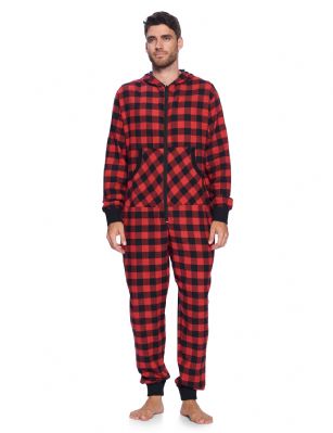 Ashford & Brooks Mens Flannel Hooded One Piece Pajama Union Jumpsuit - Red Buffalo Check - This Ashford & Brooks mens Luxurious Mens Long Sleeve zip up One Piece hooded Union Suit Pajama is made from durable ultra-soft 55% Cotton /45% Polyester fabric. Designed with a roomy relaxed fit. The Fabric blend is designed to give you that Super soft and warm feel to the touch, at the same time prevent excessive shrinkage unlike the 100% Cotton Flannel fabric. This One-piece pjs features; Easy front zipper closure, long sleeves with ribbed cuffs, attached hoody with Cotton lining, 2 Front kangaroo pockets, approx. 64" inch length, beautiful Plaid patterns, This Zip Up Union Suit Pajama Lounger is perfect for sleeping or lounging around the house. It'll keep you cozy, warm, and comfortable during the cold winter days, you will not want to get them off! A great holiday Gift for him or any other occasion, Comes in Beautifully Gift-Wrapped packaging. 