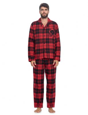 Ashford & Brooks Mens Flannel Plaid Pajamas Long Pj Set - Red Black Tartan - This Ashford & Brooks mens Luxurious Cozy Long Sleeve Classic Pajama Gift Set is made from durable ultra-soft 55% Cotton /45% Polyester fabric. Designed with a roomy relaxed fit. The Fabric blend is designed to give you that soft and warm touch, at the same time prevent excessive shrinkage unlike the 100% Cotton Flannel fabric. It'll keep you warm and comfortable during the cold winter days yet stylish at the same time. The mens Pj's 2pc set features; Long Sleeve Notch Collar Sleep Shirt with full button-down closure, 2 Pockets and 1 chest slip pocket, Plaid patterns with piping. Pajama pants features; Elasticized waist and drawstring bow tie closure for easy pull on and added comfort, concealed open fly, side seam pockets, approx. 32" inseam. This Two-piece comfort sleepwear PJ set is perfect for sleeping or lounging around the House. Soft to touch feels great against skin, you will not want to get them off! Comes in Beautifully Gift-Wrapped packaging. 