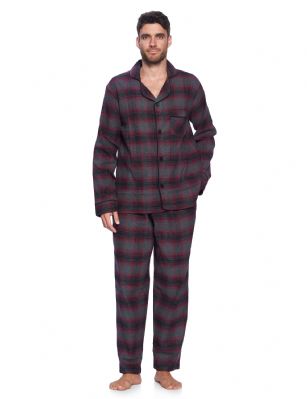 Ashford & Brooks Mens Flannel Plaid Pajamas Long Pj Set - Grey Burgundy Plaid - This Ashford & Brooks mens Luxurious Cozy Long Sleeve Classic Pajama Gift Set is made from durable ultra-soft 55% Cotton /45% Polyester fabric. Designed with a roomy relaxed fit. The Fabric blend is designed to give you that soft and warm touch, at the same time prevent excessive shrinkage unlike the 100% Cotton Flannel fabric. It'll keep you warm and comfortable during the cold winter days yet stylish at the same time. The mens Pj's 2pc set features; Long Sleeve Notch Collar Sleep Shirt with full button-down closure, 2 Pockets and 1 chest slip pocket, Plaid patterns with piping. Pajama pants features; Elasticized waist and drawstring bow tie closure for easy pull on and added comfort, concealed open fly, side seam pockets, approx. 32" inseam. This Two-piece comfort sleepwear PJ set is perfect for sleeping or lounging around the House. Soft to touch feels great against skin, you will not want to get them off! Comes in Beautifully Gift-Wrapped packaging. 