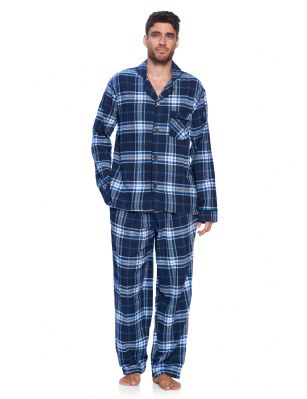 Ashford & Brooks Mens Flannel Plaid Pajamas Long Pj Set - Navy White Blue Plaid - This Ashford & Brooks mens Luxurious Cozy Long Sleeve Classic Pajama Gift Set is made from durable ultra-soft 55% Cotton /45% Polyester fabric. Designed with a roomy relaxed fit. The Fabric blend is designed to give you that soft and warm touch, at the same time prevent excessive shrinkage unlike the 100% Cotton Flannel fabric. It'll keep you warm and comfortable during the cold winter days yet stylish at the same time. The mens Pj's 2pc set features; Long Sleeve Notch Collar Sleep Shirt with full button-down closure, 2 Pockets and 1 chest slip pocket, Plaid patterns with piping. Pajama pants features; Elasticized waist and drawstring bow tie closure for easy pull on and added comfort, concealed open fly, side seam pockets, approx. 32" inseam. This Two-piece comfort sleepwear PJ set is perfect for sleeping or lounging around the House. Soft to touch feels great against skin, you will not want to get them off! Comes in Beautifully Gift-Wrapped packaging. 