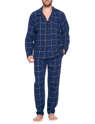 Ashford & Brooks Mens Flannel Plaid Pajamas Long Pj Set - Navy Black White - This Ashford & Brooks mens Luxurious Cozy Long Sleeve Classic Pajama Gift Set is made from durable ultra-soft 55% Cotton /45% Polyester fabric. Designed with a roomy relaxed fit. The Fabric blend is designed to give you that soft and warm touch, at the same time prevent excessive shrinkage unlike the 100% Cotton Flannel fabric. It'll keep you warm and comfortable during the cold winter days yet stylish at the same time. The mens Pj's 2pc set features; Long Sleeve Notch Collar Sleep Shirt with full button-down closure, 2 Pockets and 1 chest slip pocket, Plaid patterns with piping. Pajama pants features; Elasticized waist and drawstring bow tie closure for easy pull on and added comfort, concealed open fly, side seam pockets, approx. 32" inseam. This Two-piece comfort sleepwear PJ set is perfect for sleeping or lounging around the House. Soft to touch feels great against skin, you will not want to get them off! Comes in Beautifully Gift-Wrapped packaging. 