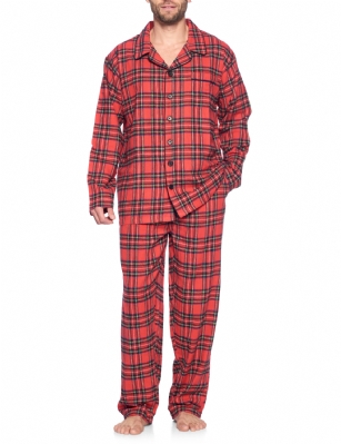 Ashford & Brooks Mens Flannel Plaid Pajamas Long Pj Set - Red Stewart Plaid - This Ashford & Brooks mens Luxurious Cozy Long Sleeve Classic Pajama Gift Set is made from durable ultra-soft 55% Cotton /45% Polyester fabric. Designed with a roomy relaxed fit. The Fabric blend is designed to give you that soft and warm touch, at the same time prevent excessive shrinkage unlike the 100% Cotton Flannel fabric. It'll keep you warm and comfortable during the cold winter days yet stylish at the same time. The mens Pj's 2pc set features; Long Sleeve Notch Collar Sleep Shirt with full button-down closure, 2 Pockets and 1 chest slip pocket, Plaid patterns with piping. Pajama pants features; Elasticized waist and drawstring bow tie closure for easy pull on and added comfort, concealed open fly, side seam pockets, approx. 32" inseam. This Two-piece comfort sleepwear PJ set is perfect for sleeping or lounging around the House. Soft to touch feels great against skin, you will not want to get them off! Comes in Beautifully Gift-Wrapped packaging. 