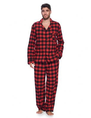 Ashford & Brooks Mens Flannel Plaid Pajamas Long Pj Set - Red Buffalo Check - This Ashford & Brooks mens Luxurious Cozy Long Sleeve Classic Pajama Gift Set is made from durable ultra-soft 55% Cotton /45% Polyester fabric. Designed with a roomy relaxed fit. The Fabric blend is designed to give you that soft and warm touch, at the same time prevent excessive shrinkage unlike the 100% Cotton Flannel fabric. It'll keep you warm and comfortable during the cold winter days yet stylish at the same time. The mens Pj's 2pc set features; Long Sleeve Notch Collar Sleep Shirt with full button-down closure, 2 Pockets and 1 chest slip pocket, Plaid patterns with piping. Pajama pants features; Elasticized waist and drawstring bow tie closure for easy pull on and added comfort, concealed open fly, side seam pockets, approx. 32" inseam. This Two-piece comfort sleepwear PJ set is perfect for sleeping or lounging around the House. Soft to touch feels great against skin, you will not want to get them off! Comes in Beautifully Gift-Wrapped packaging. 