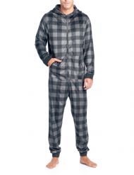 Ashford & Brooks Men's Adult Mink Fleece Hooded One-Piece Union Suit Pajamas - Charcoal Buffalo Check