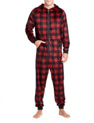 Ashford & Brooks Men's Adult Mink Fleece Hooded One-Piece Union Suit Pajamas - Red Buffalo Check