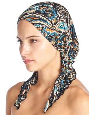 Ashford & Brooks  Women's Pretied Printed Fitted Headscarf Chemo Bandana - Paisley Blue Brown - Fashionable, beautiful and comfortable Pre-tied Fittted Bandana from Ashford & Brooks, No tying skills required- just slip it on and go. Unique printed design to fit your style, elastic back with inner black lining for secure fit. These headscarves are ideal for alopecia and chemotherapy cancer patients because they are easy to use, soft and provide full head coverage.