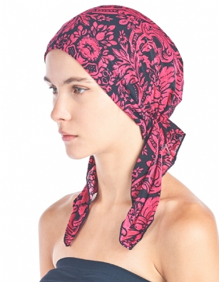 Ashford & Brooks  Women's Pretied Printed Fitted Headscarf Chemo Bandana - Fuchsia/Black - Fashionable, beautiful and comfortable Pre-tied Fittted Bandana from Ashford & Brooks, No tying skills required- just slip it on and go. Unique printed design to fit your style, elastic back with inner black lining for secure fit. These headscarves are ideal for alopecia and chemotherapy cancer patients because they are easy to use, soft and provide full head coverage.