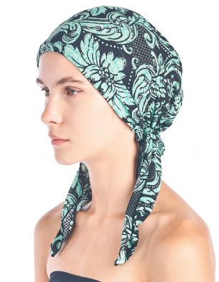 Ashford & Brooks  Women's Pretied Printed Fitted Headscarf Chemo Bandana - Black/Teal - Fashionable, beautiful and comfortable Pre-tied Fittted Bandana from Ashford & Brooks, No tying skills required- just slip it on and go. Unique printed design to fit your style, elastic back with inner black lining for secure fit. These headscarves are ideal for alopecia and chemotherapy cancer patients because they are easy to use, soft and provide full head coverage.