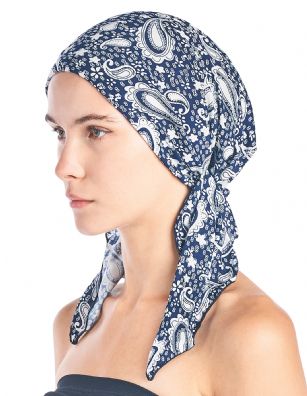 Ashford & Brooks  Women's Pretied Printed Fitted Headscarf Chemo Bandana - Blue Paisley - Fashionable, beautiful and comfortable Pre-tied Fittted Bandana from Ashford & Brooks, No tying skills required- just slip it on and go. Unique printed design to fit your style, elastic back with inner black lining for secure fit. These headscarves are ideal for alopecia and chemotherapy cancer patients because they are easy to use, soft and provide full head coverage.