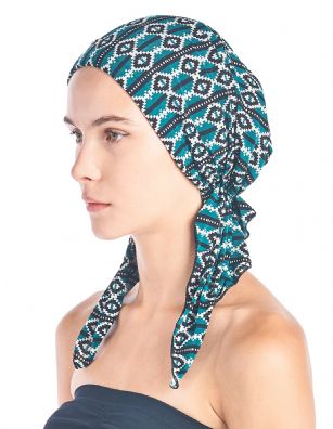 Ashford & Brooks  Women's Pretied Printed Fitted Headscarf Chemo Bandana - Teal Aztec - Fashionable, beautiful and comfortable Pre-tied Fittted Bandana from Ashford & Brooks, No tying skills required- just slip it on and go. Unique printed design to fit your style, elastic back with inner black lining for secure fit. These headscarves are ideal for alopecia and chemotherapy cancer patients because they are easy to use, soft and provide full head coverage.