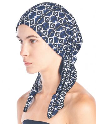 Ashford & Brooks  Women's Pretied Printed Fitted Headscarf Chemo Bandana - Navy Aztec - Fashionable, beautiful and comfortable Pre-tied Fittted Bandana from Ashford & Brooks, No tying skills required- just slip it on and go. Unique printed design to fit your style, elastic back with inner black lining for secure fit. These headscarves are ideal for alopecia and chemotherapy cancer patients because they are easy to use, soft and provide full head coverage.