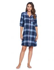 Ashford & Brooks Women's Flannel Plaid Sleep Shirt Button Down Nightgown - Navy White Blue Plaid