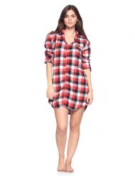 Ashford & Brooks Women's Flannel Plaid Sleep Shirt Button Down Nightgown - Red White Black