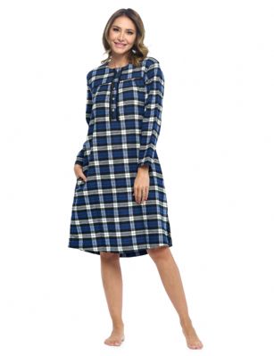 Ashford & Brooks Women's Flannel Plaid Long Sleeve Nightgown - Black Navy Plaid - Snuggle up in this Elegant Long Sleeve Vintage Classic Flannel Long Button-Down Nightgown Sleep Dress for Women, designed with a roomy relaxed fit making it very easy to put on and take off. The Modest Night Gown Sleep Dress features :Pullover long Sleep Shirt with easy 5 button-down top closure. Long Sleeves with cuffs to keep you warm. Round Neckline with Fancy Lace trim details. 2 Large side seam hand pocketsPleated top with Contrast piping classic finish. Ankle length, shoulder to hem Measures 50" - 53" inches. Easy Care Machine washable Nightgown. The Ashford & Brooks Luxurious Flannel Cotton Blend Fabric, Made with durable ultra-soft 55% Cotton /45% Polyester fabric, is designed to give you that soft and warm touch that feels great against skin, at the same time will Prevent excessive shrinkage, unlike 100% Cotton Flannel. This womens sleepwear sleep lounger house gown is perfect for sleeping, lounging around the House with comfort and style, or as a hospital gown and for surgery recovery. It'll keep you warm and comfortable during the cold winter days yet stylish at the same time. Makes a Excellent Holiday Gift Present Idea for any special women in your life, for any special occasions such as; Mothers Day, Christmas, or Birthdays. 