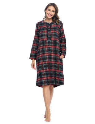 Ashford & Brooks Women's Flannel Plaid Long Sleeve Nightgown - Black Stewart Plaid - Snuggle up in this Elegant Long Sleeve Vintage Classic Flannel Long Button-Down Nightgown Sleep Dress for Women, designed with a roomy relaxed fit making it very easy to put on and take off. The Modest Night Gown Sleep Dress features :Pullover long Sleep Shirt with easy 5 button-down top closure. Long Sleeves with cuffs to keep you warm. Round Neckline with Fancy Lace trim details. 2 Large side seam hand pocketsPleated top with Contrast piping classic finish. Ankle length, shoulder to hem Measures 50" - 53" inches. Easy Care Machine washable Nightgown. The Ashford & Brooks Luxurious Flannel Cotton Blend Fabric, Made with durable ultra-soft 55% Cotton /45% Polyester fabric, is designed to give you that soft and warm touch that feels great against skin, at the same time will Prevent excessive shrinkage, unlike 100% Cotton Flannel. This womens sleepwear sleep lounger house gown is perfect for sleeping, lounging around the House with comfort and style, or as a hospital gown and for surgery recovery. It'll keep you warm and comfortable during the cold winter days yet stylish at the same time. Makes a Excellent Holiday Gift Present Idea for any special women in your life, for any special occasions such as; Mothers Day, Christmas, or Birthdays. 