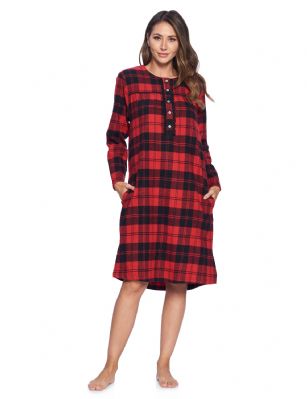 Ashford & Brooks Women's Flannel Plaid Long Sleeve Nightgown - Red Black Tartan - Snuggle up in this Elegant Long Sleeve Vintage Classic Flannel Long Button-Down Nightgown Sleep Dress for Women, designed with a roomy relaxed fit making it very easy to put on and take off. The Modest Night Gown Sleep Dress features :Pullover long Sleep Shirt with easy 5 button-down top closure. Long Sleeves with cuffs to keep you warm. Round Neckline with Fancy Lace trim details. 2 Large side seam hand pocketsPleated top with Contrast piping classic finish. Ankle length, shoulder to hem Measures 50" - 53" inches. Easy Care Machine washable Nightgown. The Ashford & Brooks Luxurious Flannel Cotton Blend Fabric, Made with durable ultra-soft 55% Cotton /45% Polyester fabric, is designed to give you that soft and warm touch that feels great against skin, at the same time will Prevent excessive shrinkage, unlike 100% Cotton Flannel. This womens sleepwear sleep lounger house gown is perfect for sleeping, lounging around the House with comfort and style, or as a hospital gown and for surgery recovery. It'll keep you warm and comfortable during the cold winter days yet stylish at the same time. Makes a Excellent Holiday Gift Present Idea for any special women in your life, for any special occasions such as; Mothers Day, Christmas, or Birthdays. 