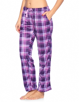 Ashford & Brooks Women's Plush Mink Fleece Pajama Sleep Pants -  Purple Plaid - These Womens Classic Micro Minky Fleece Pajama Bottoms Sleepwear Pants from Ashford & Brooks is made from a lightweight soft premium 100% Polyester fabric. Exceptionally lightweight Designed to keep you Cozy and warm during the cold winter days. Wear it as a layering piece, at home, lazy around the house or to sleep in comfort! The Pj bottom Pant features; Comfortable covered inner elastic waistband for a more custom fit with self-tie drawstring, two side seam pockets, approx. 30" Inseam length. A Loose and roomy relaxed fit to ensure maximum comfort and plenty of room to ease while lounging and sleeping, Fun cute prints and patterns. The perfect Nightwear Pjs Christmas holiday or birthday gift set for any special woman in your life and special friend you love. Check out our matching mens collection