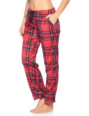 Ashford & Brooks Women's Plush Mink Fleece Pajama Sleep Pants -  Red Stewart Plaid - These Womens Classic Micro Minky Fleece Pajama Bottoms Sleepwear Pants from Ashford & Brooks is made from a lightweight soft premium 100% Polyester fabric. Exceptionally lightweight Designed to keep you Cozy and warm during the cold winter days. Wear it as a layering piece, at home, lazy around the house or to sleep in comfort! The Pj bottom Pant features; Comfortable covered inner elastic waistband for a more custom fit with self-tie drawstring, two side seam pockets, approx. 30" Inseam length. A Loose and roomy relaxed fit to ensure maximum comfort and plenty of room to ease while lounging and sleeping, Fun cute prints and patterns. The perfect Nightwear Pjs Christmas holiday or birthday gift set for any special woman in your life and special friend you love. Check out our matching mens collection