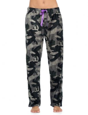 Ashford & Brooks Women's Plush Mink Fleece Pajama Sleep Pants -  Black/Camo - These Womens Classic Micro Minky Fleece Pajama Bottoms Sleepwear Pants from Ashford & Brooks is made from a lightweight soft premium 100% Polyester fabric. Exceptionally lightweight Designed to keep you Cozy and warm during the cold winter days. Wear it as a layering piece, at home, lazy around the house or to sleep in comfort! The Pj bottom Pant features; Comfortable covered inner elastic waistband for a more custom fit with self-tie drawstring, two side seam pockets, approx. 30" Inseam length. A Loose and roomy relaxed fit to ensure maximum comfort and plenty of room to ease while lounging and sleeping, Fun cute prints and patterns. The perfect Nightwear Pjs Christmas holiday or birthday gift set for any special woman in your life and special friend you love. Check out our matching mens collection