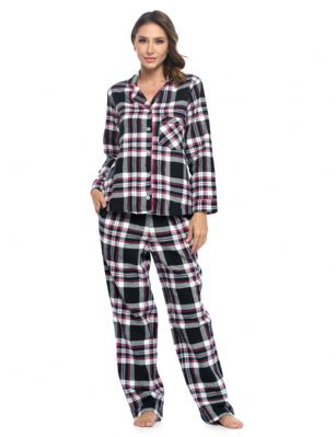 Ashford & Brooks Women's Flannel Plaid Pajamas Long Pj Set - Black/Pink Plaid - This Ashford & Brooks Women's Luxurious Cozy Long Sleeve Classic Pajama Gift Set is made from durable ultra-soft 64% Cotton /36% Polyester fabric. Designed with a roomy relaxed fit. The Fabric blend is designed to give you that soft and warm touch, at the same time prevent excessive shrinkage unlike the 100% Cotton Flannel fabric. It'll keep you warm and comfortable during the cold winter days yet stylish at the same time. The Womens Pj's 2pc set features; Long Sleeve Notch Collar Sleep Shirt with full button-down closure, 1 chest slip pocket, Plaid patterns with piping. Pajama pants features; Elasticized waist and drawstring bow tie closure for easy pull on and added comfort, Flat front, side seam pockets, approx. 32 inseam. This Two-piece comfort sleepwear PJ set is perfect for sleeping or lounging around the House. Soft to touch feels great against skin, you will not want to get them off! Comes in Beautifully Gift-Wrapped packaging. 