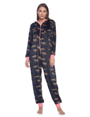 Ashford & Brooks Women's Fleece Hooded One Piece Pajama Jumpsuit - Leopard Black - This Ashford & Brooks Women's Luxurious Long Sleeve Union one Piece Pajama Jumpsuit is made of durable ultra-soft 100% Polyester Micro Mink Fleece fabric. It'll keep you cozy, warm, and comfortable during the cold winter days, yet stylish at the same time. This One-piece Pj's features; Easy front zipper closure, long sleeves, attached hood, chest slip pocket, side seam pockets. Printed fun holiday, plaids, dog, buffalo check, patterns with contrast colored trim, zip, cuffs and inner lined hood. Approx. 61" inch length Shoulder to Bottom. This beautiful Zip Up Pajama Body Suit offers a relaxed fit perfect for sleeping or lounging around. Its soft to the touch and feels great against skin, you will not want to get them off! A great holiday Gift for her or any other occasion Comes in Beautifully Gift-Wrapped ready packaging. 