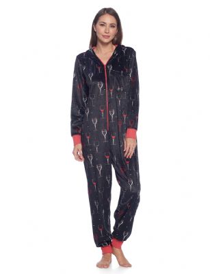 Ashford & Brooks Women's Fleece Hooded One Piece Pajama Jumpsuit - Black Wine - This Ashford & Brooks Women's Luxurious Long Sleeve Union one Piece Pajama Jumpsuit is made of durable ultra-soft 100% Polyester Micro Mink Fleece fabric. It'll keep you cozy, warm, and comfortable during the cold winter days, yet stylish at the same time. This One-piece Pj's features; Easy front zipper closure, long sleeves, attached hood, chest slip pocket, side seam pockets. Printed fun holiday, plaids, dog, buffalo check, patterns with contrast colored trim, zip, cuffs and inner lined hood. Approx. 61" inch length Shoulder to Bottom. This beautiful Zip Up Pajama Body Suit offers a relaxed fit perfect for sleeping or lounging around. Its soft to the touch and feels great against skin, you will not want to get them off! A great holiday Gift for her or any other occasion Comes in Beautifully Gift-Wrapped ready packaging. 