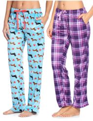 Ashford & Brooks Women's Plush Mink Fleece Pajama Sleep Pants 2 Pack - Set 6 - Turquoise Dachshund Love /Purple Plaid